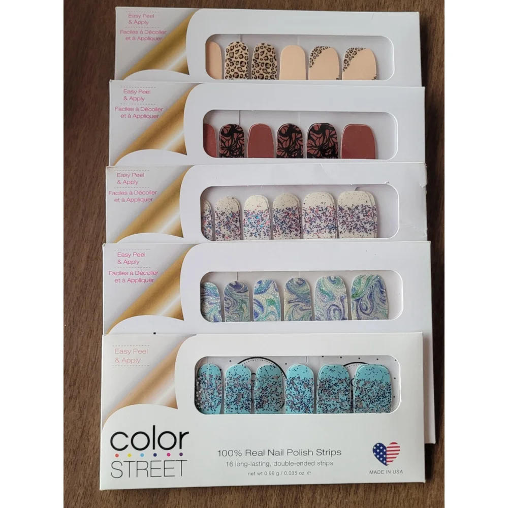 5 Brand New Sealed Color Street Real Bail Poilsh Strips Glitter Swirls Cheetah
